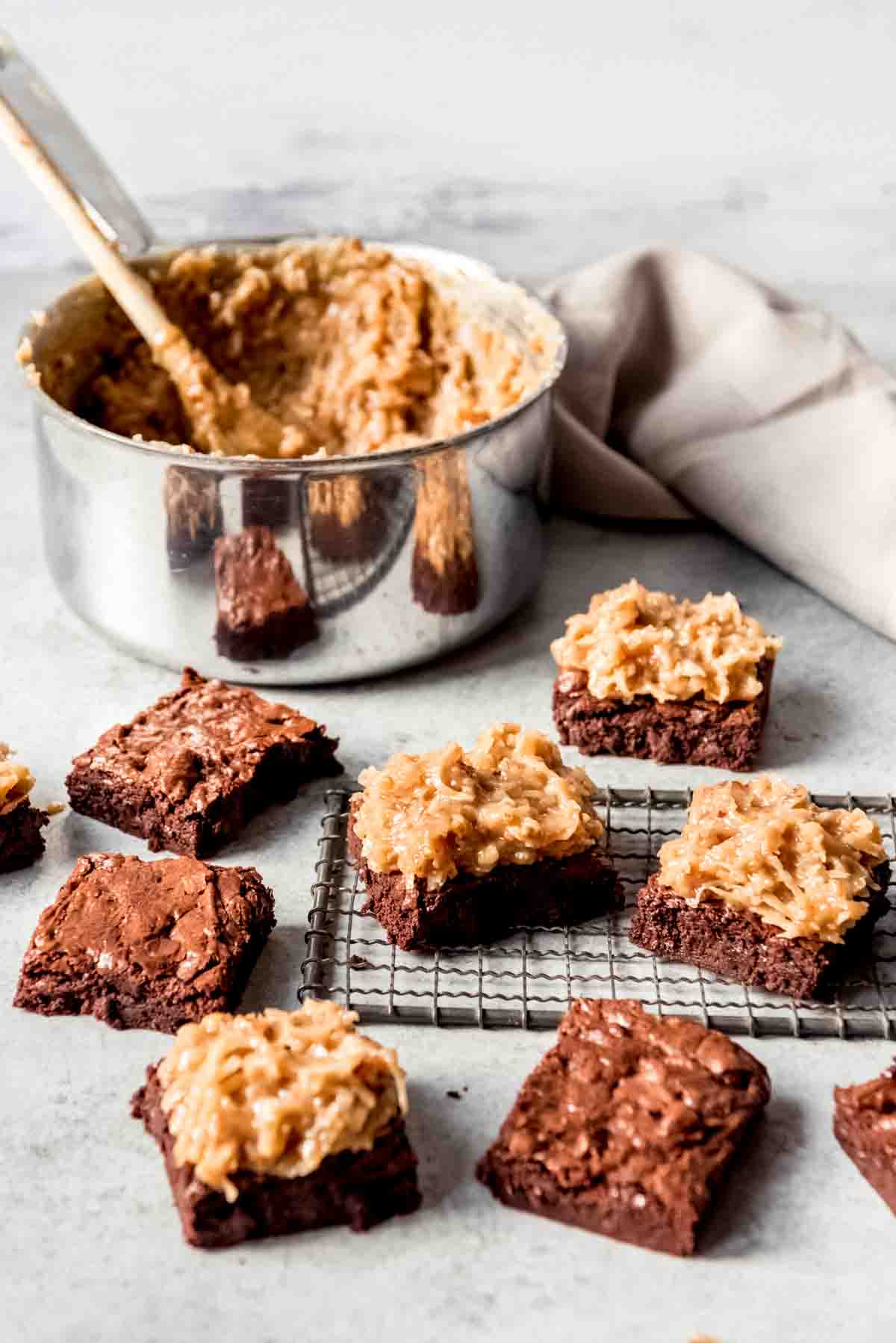 German Chocolate Brownie recipe cut into Squares.