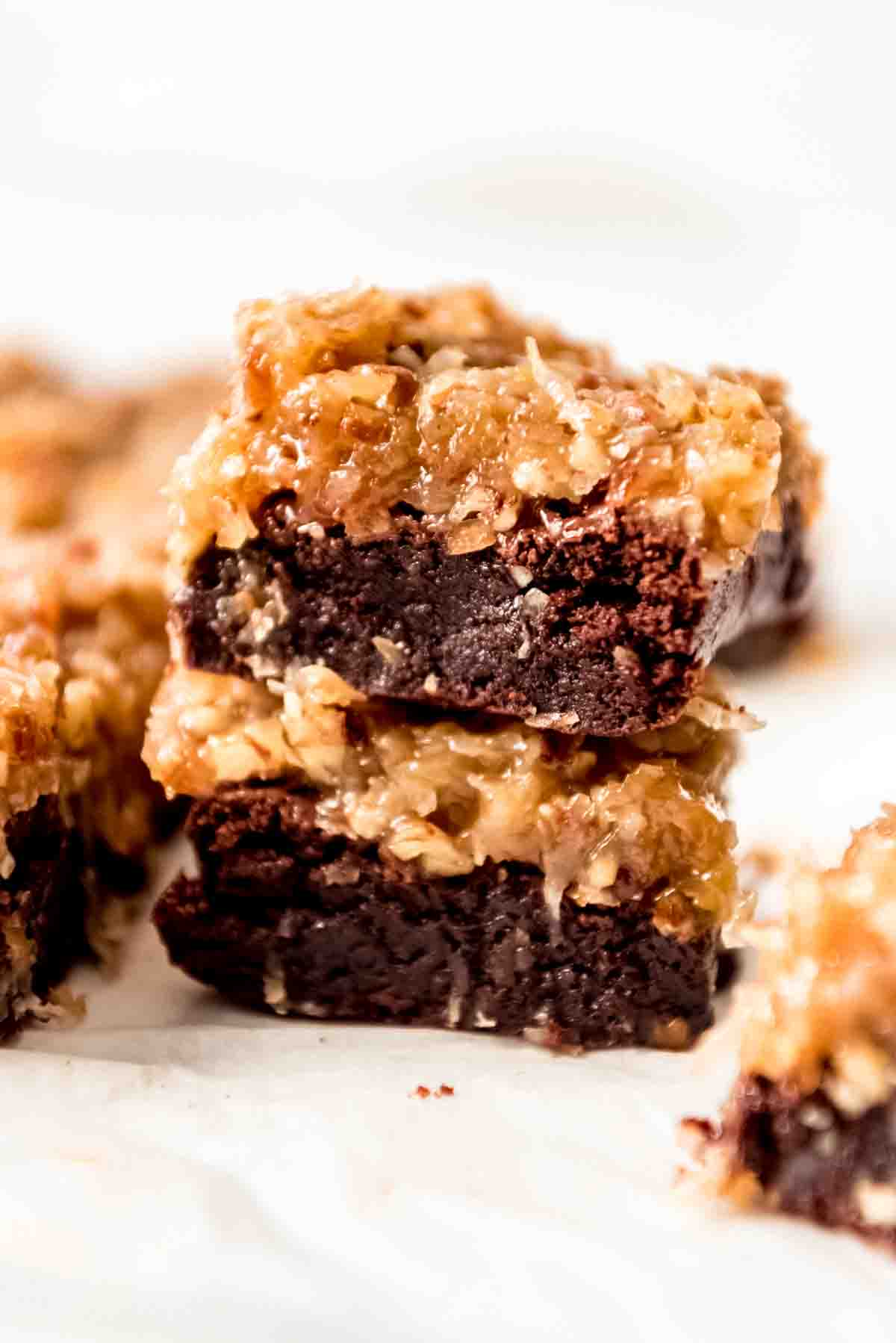 German Chocolate Brownies, stacked