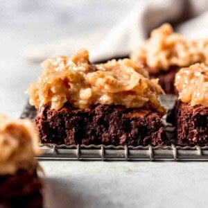 German Chocolate Brownies cooling on a cooling rack.