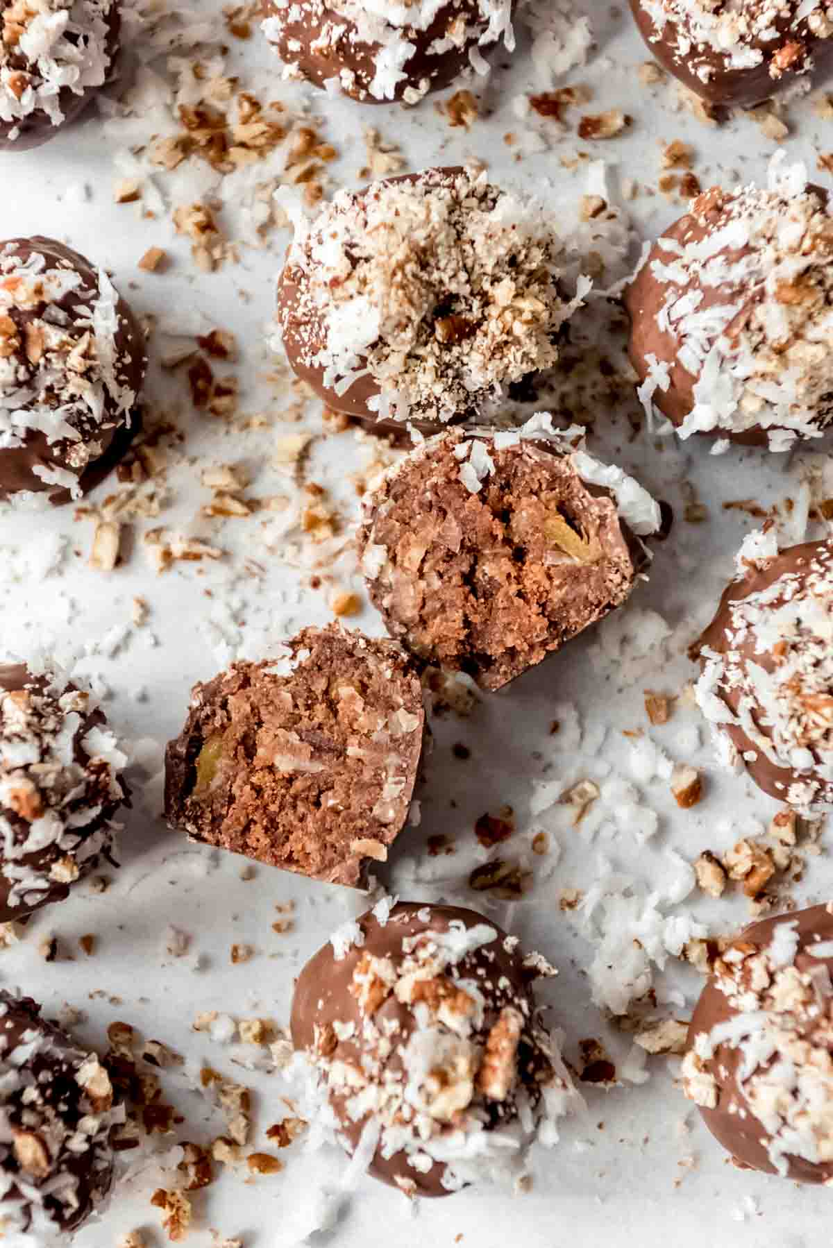 A german chocolate cake truffle cut in half.