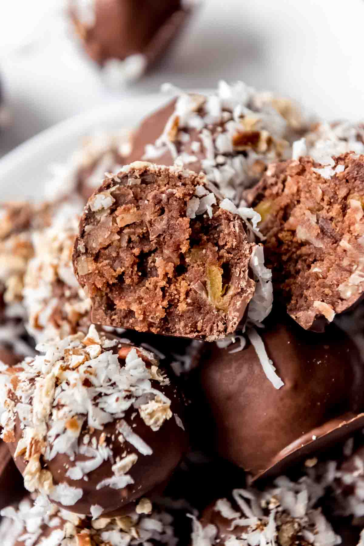 The inside of a german chocolate cake ball.