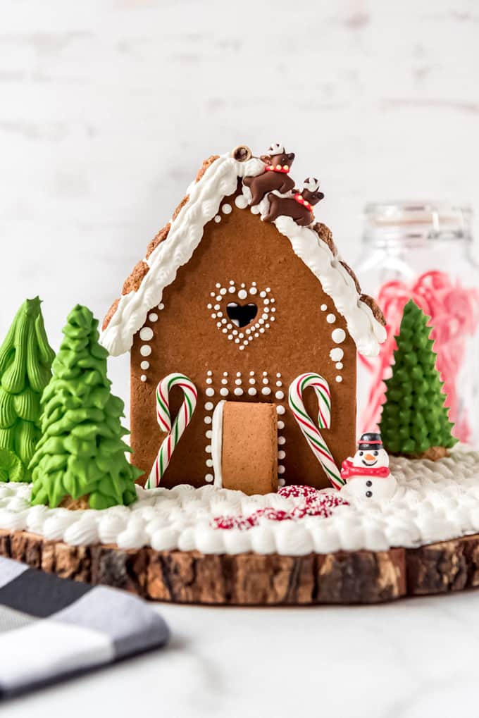 A decorated gingerbread house.