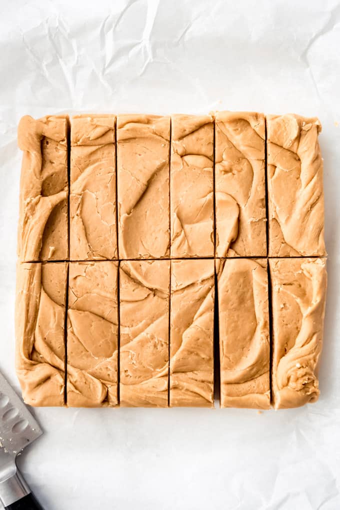 Peanut butter fudge cut into strips.