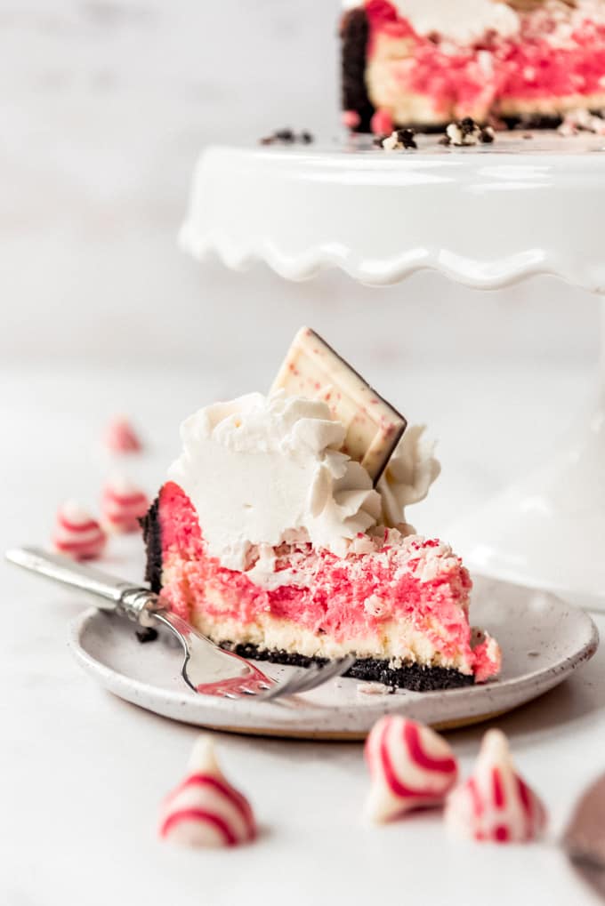 A slice of peppermint bark cheesecake with whipped cream.
