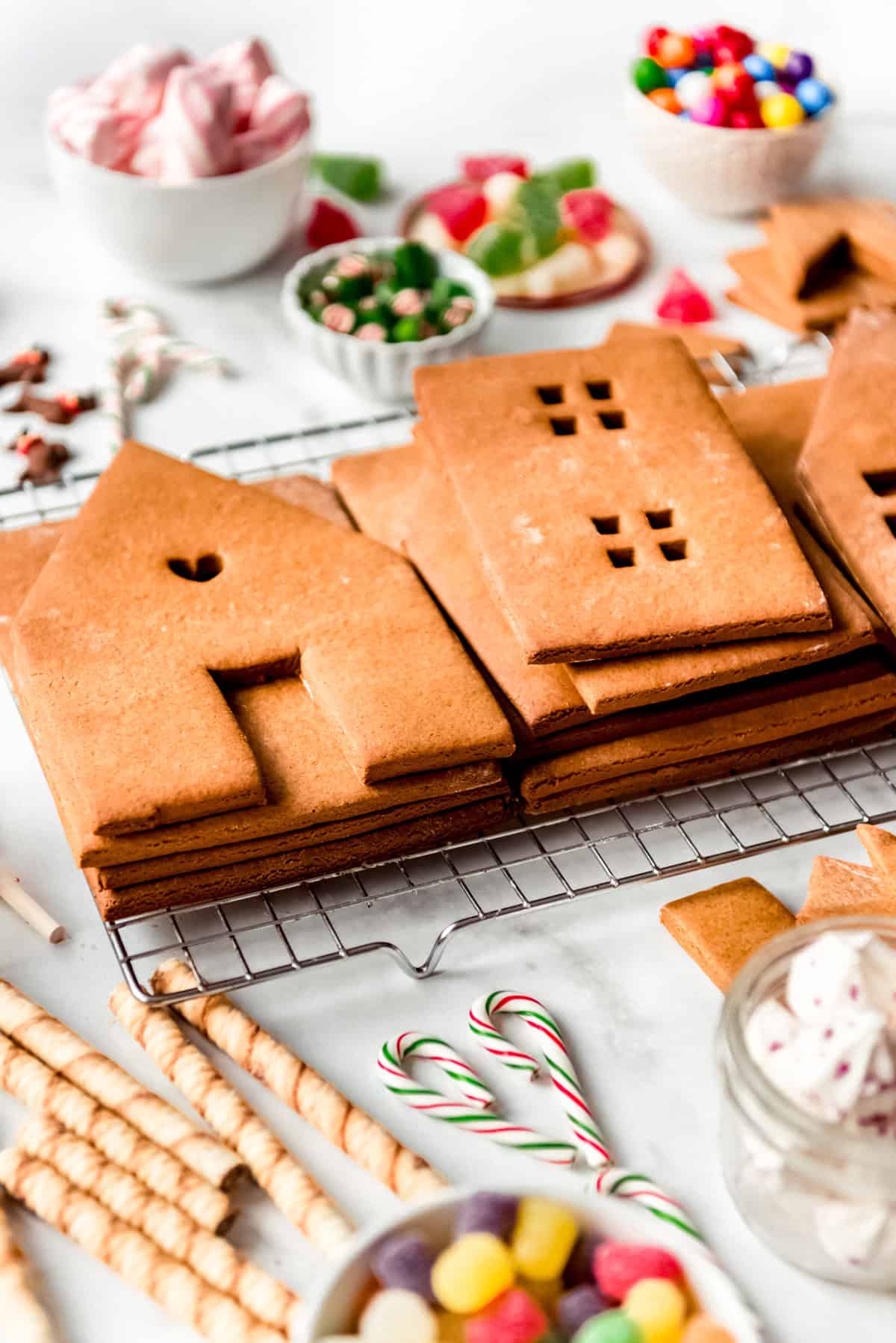 An unassembled gingerbread house.