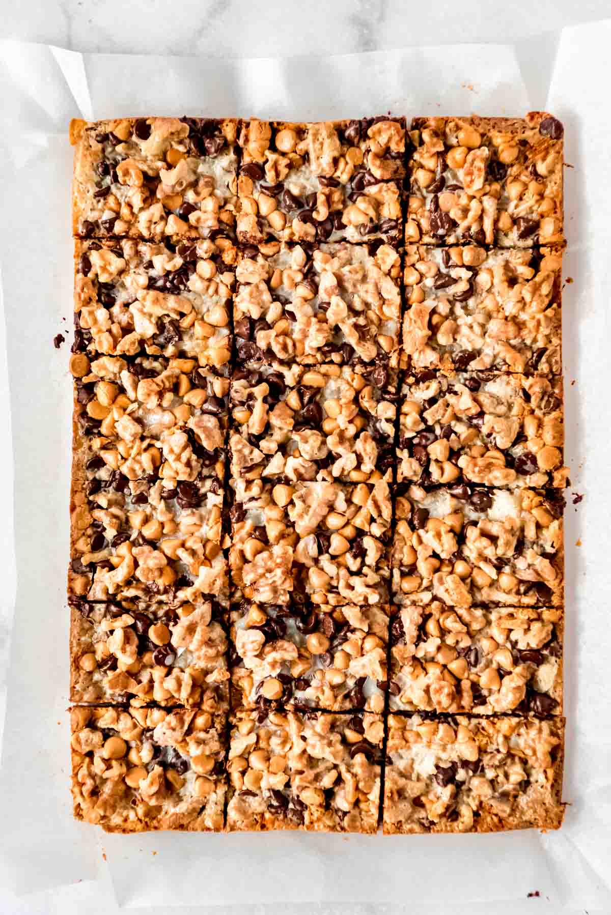 Overhead shot of magic bars, removed from tray and cut.