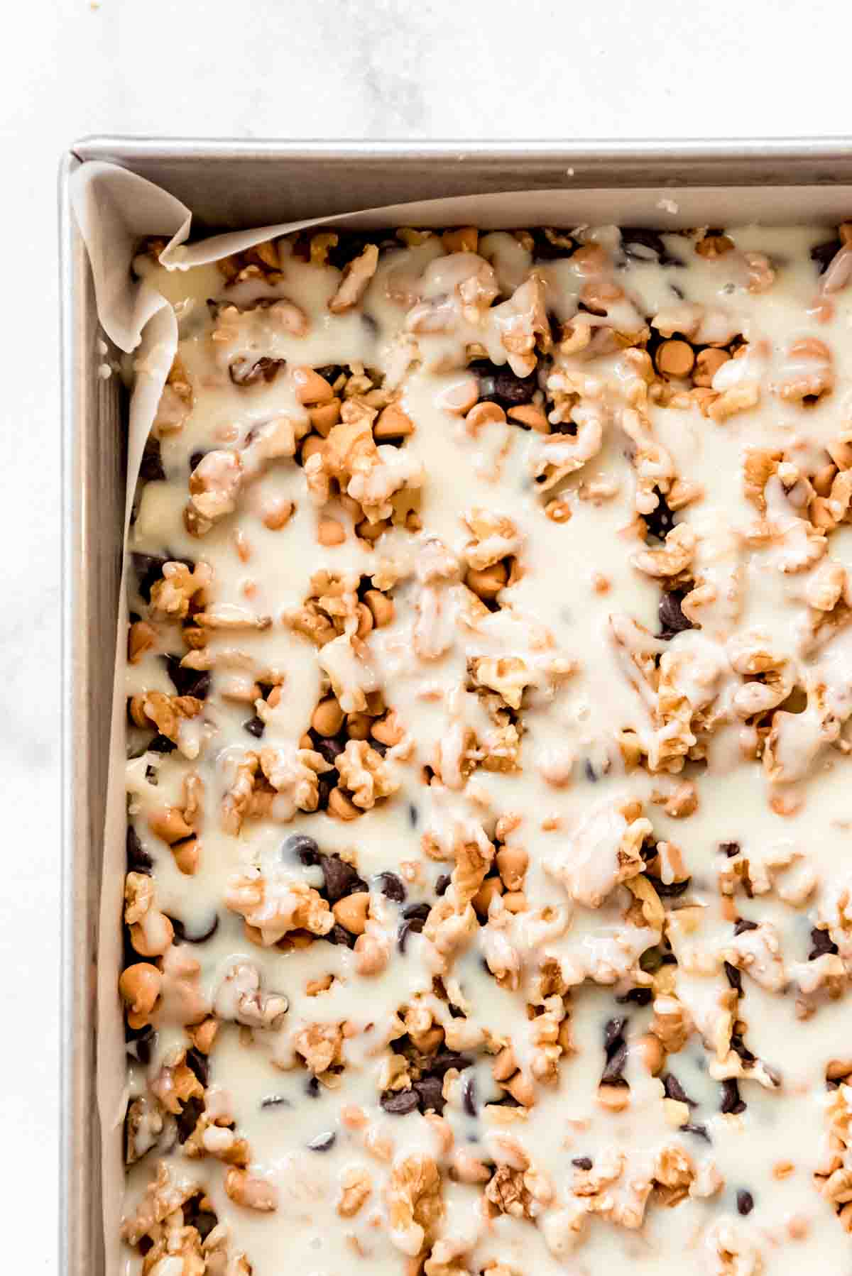 7 layer bars ready to bake.