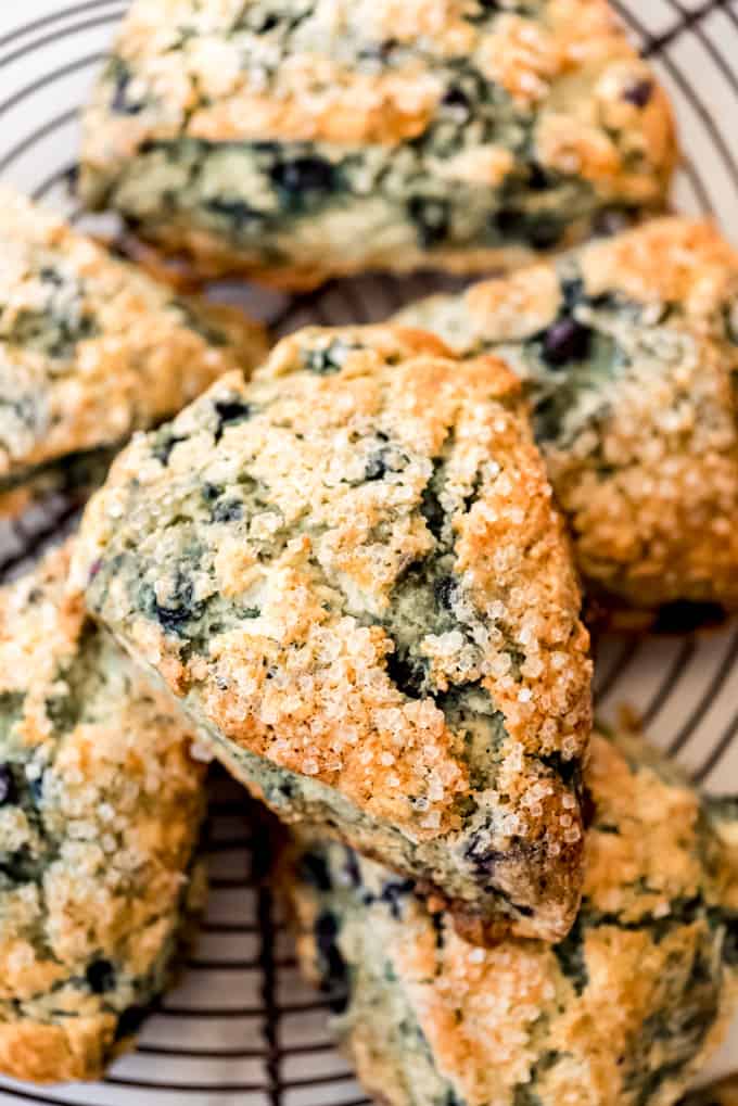 Blueberry scones with coarse sugar on top.