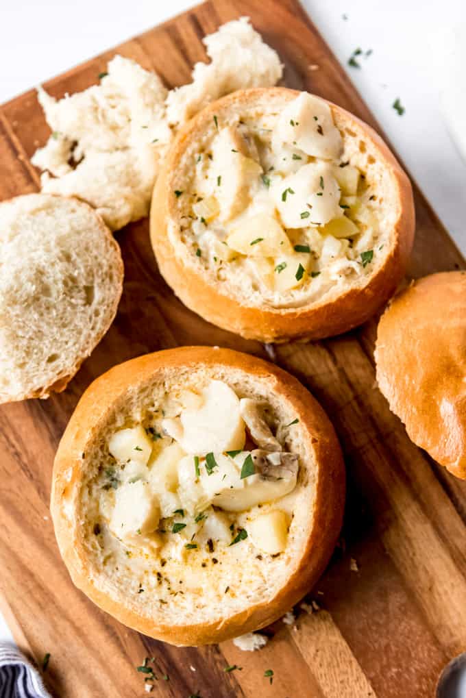Bread bowls with seafood chowder.