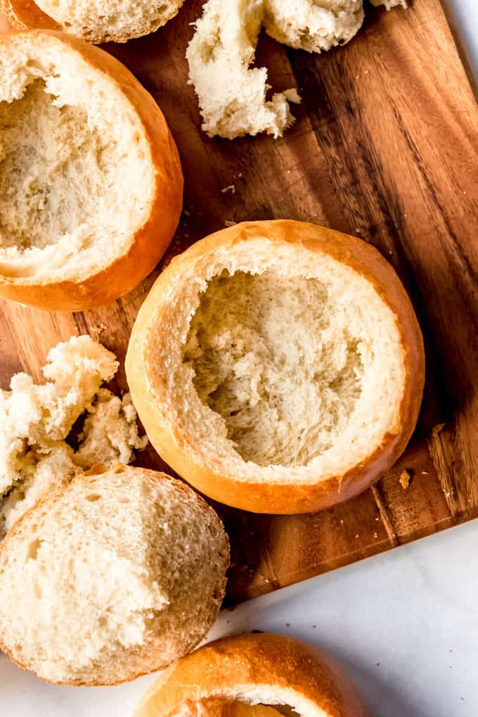 Overhead shot of Homemade Bread Bowls, filling removed