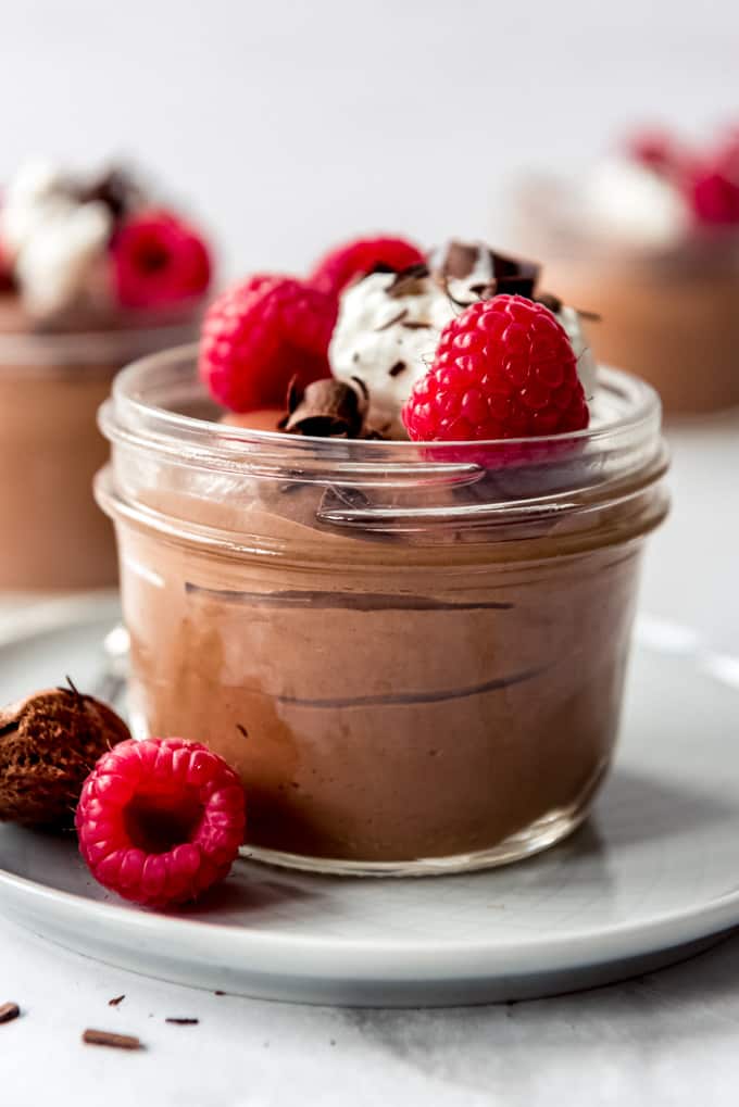 side view of Chocolate Mousse with raspberries