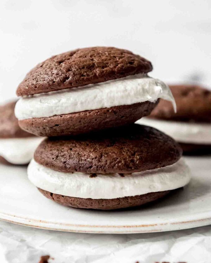 Two whoopie pies stacked on top of each other.