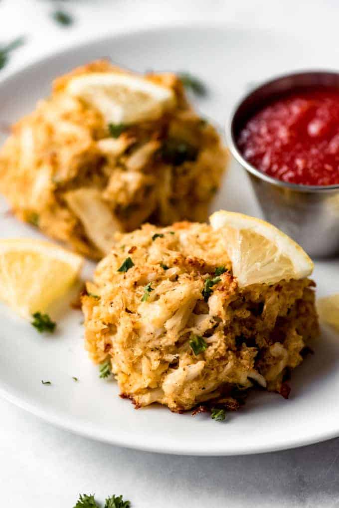 baked Maryland crab cakes on a white plate