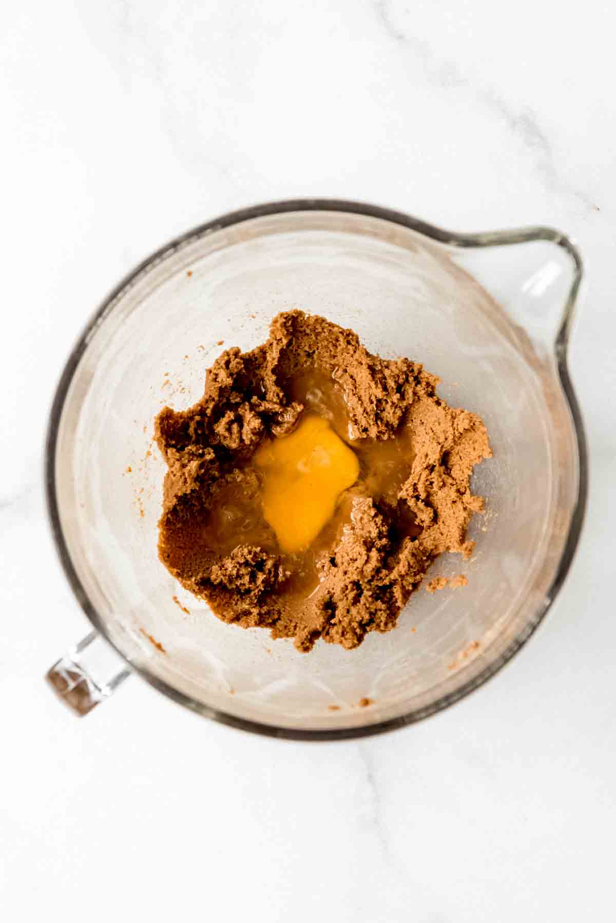 Whoopie Pie ingredients are placed in a large glass measuring bowl. 