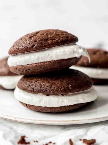 Two whoopie pies stacked on top of each other.