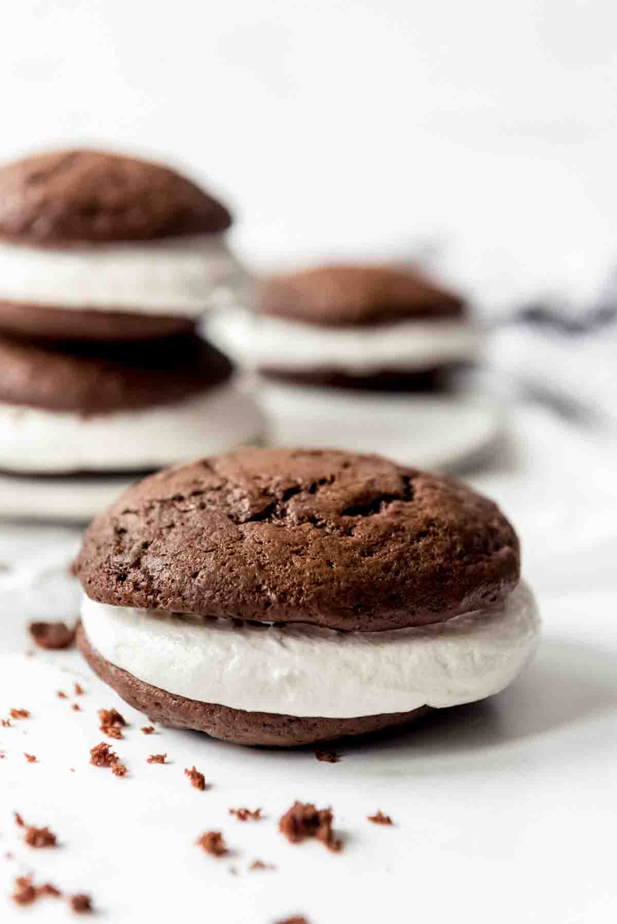 A whoopie pie filled with marshmallow fluff frosting.