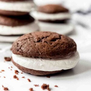 A whoopie pie filled with marshmallow fluff frosting.