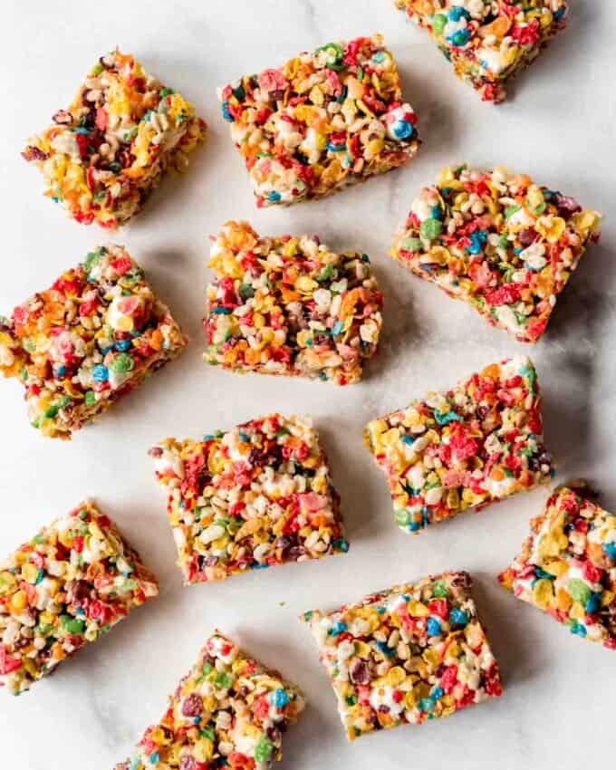 Fruity Pebbles Rice Krispies Treat squares.