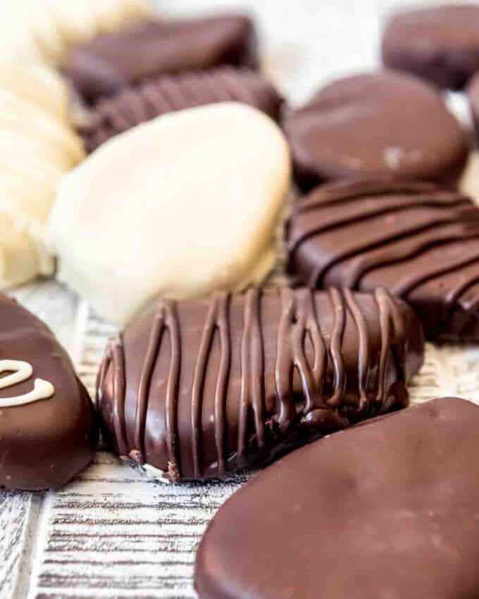 Homemade Reese's peanut butter Easter eggs covered in white and dark chocolate.