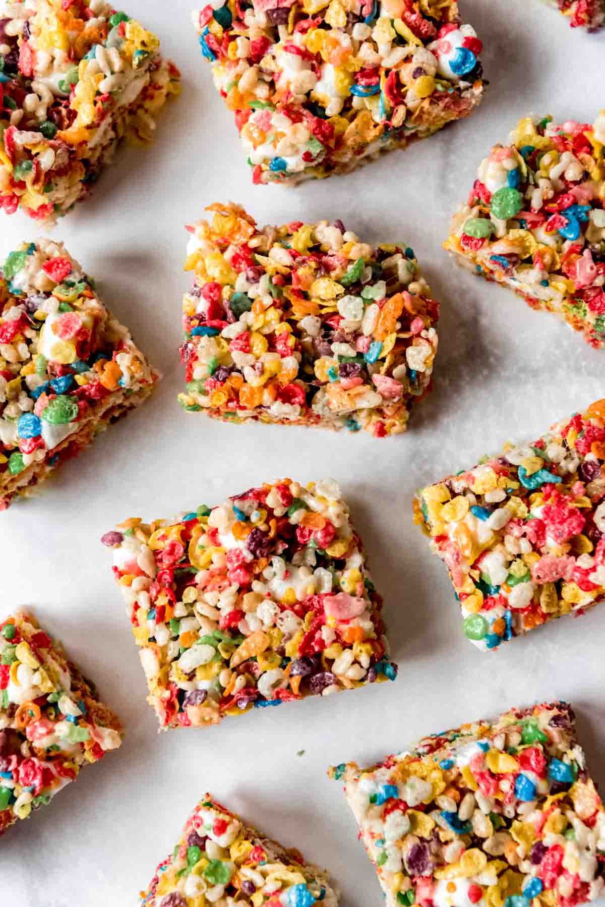 Fruity Pebbles Rice Krispies Treat squares.