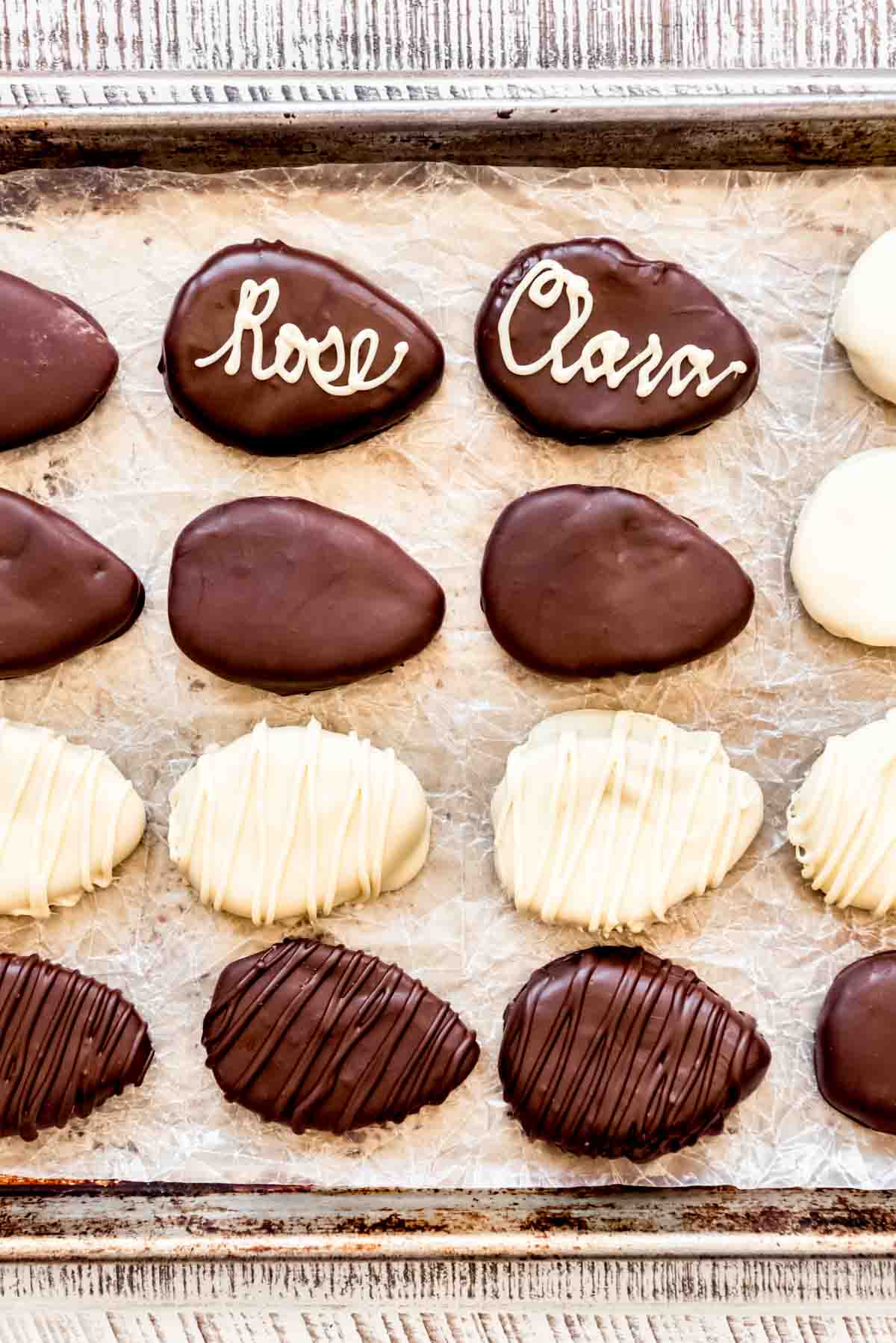 Homemade white and dark chocolate peanut butter eggs.