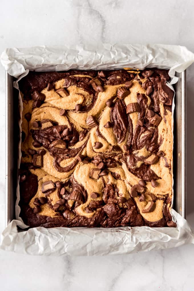 Peanut Butter Swirl Brownies freshly baked out of the oven in 9x9" pan