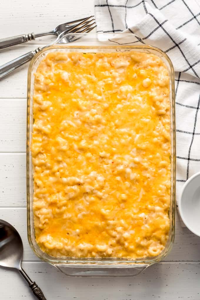 a rectangular baking dish of homemade baked mac and cheese