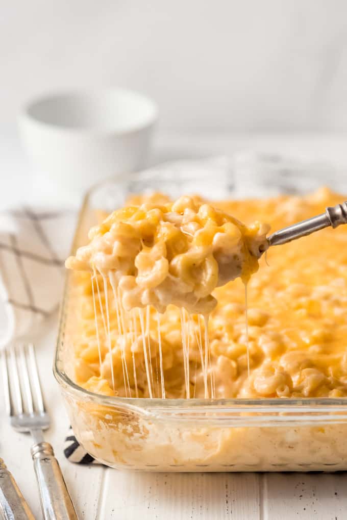 stretchy cheese hanging off a scoop of homemade mac and cheese