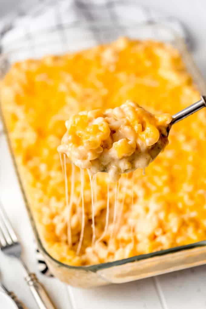 a spoon lifting a scoop of macaroni and cheese out of a baking dish
