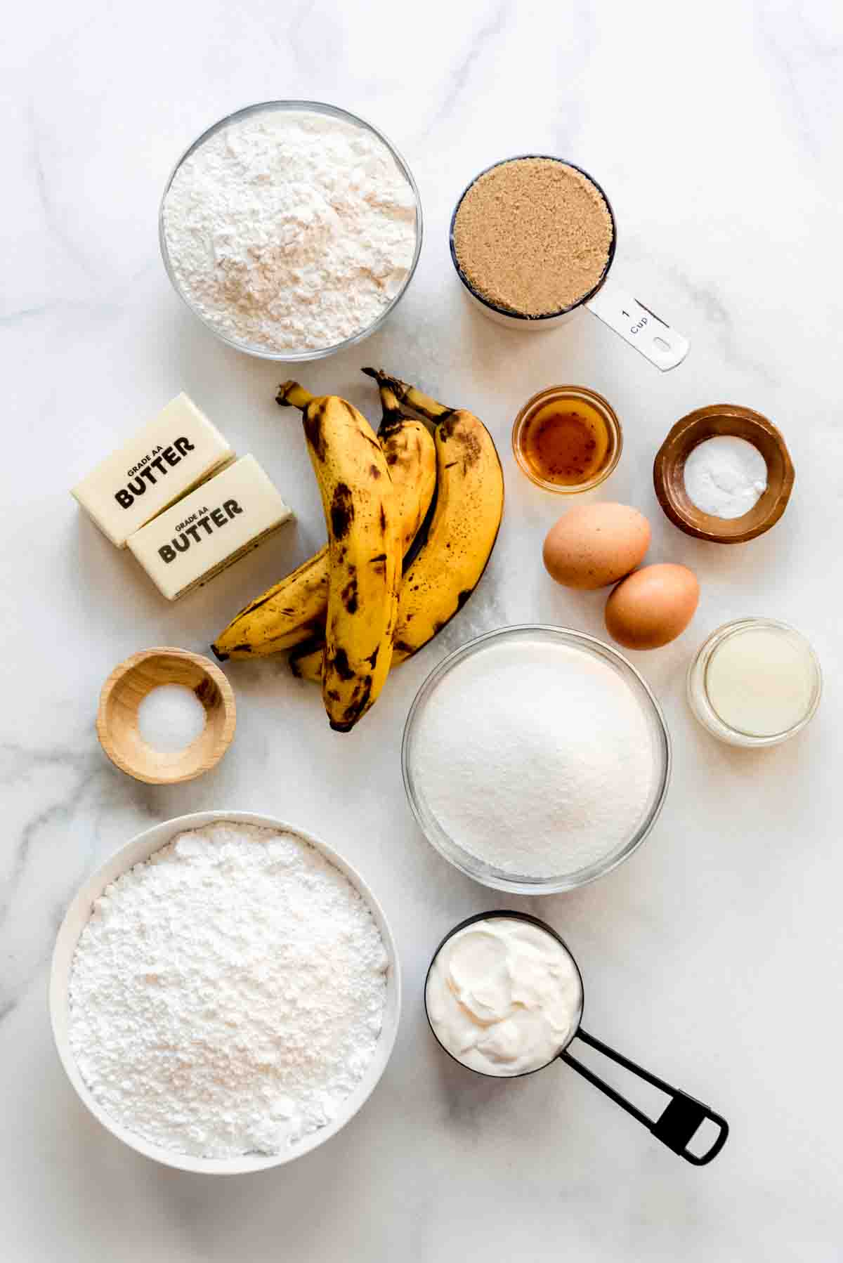 Ingredients for frosted banana bread bars.