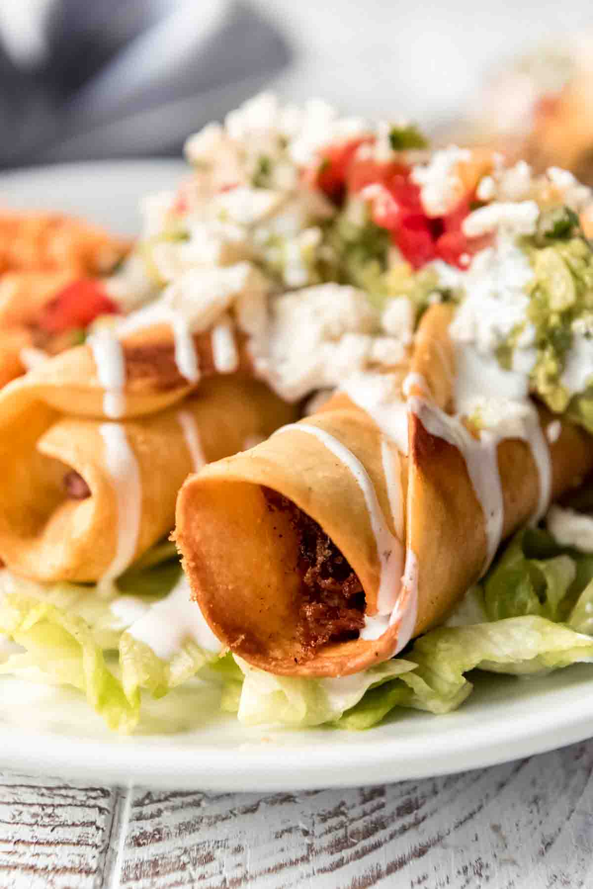 A close up of two chicken flautas that have been fried and topped with sour cream, guacamole, chopped tomatoes and crumbled queso fresco. 