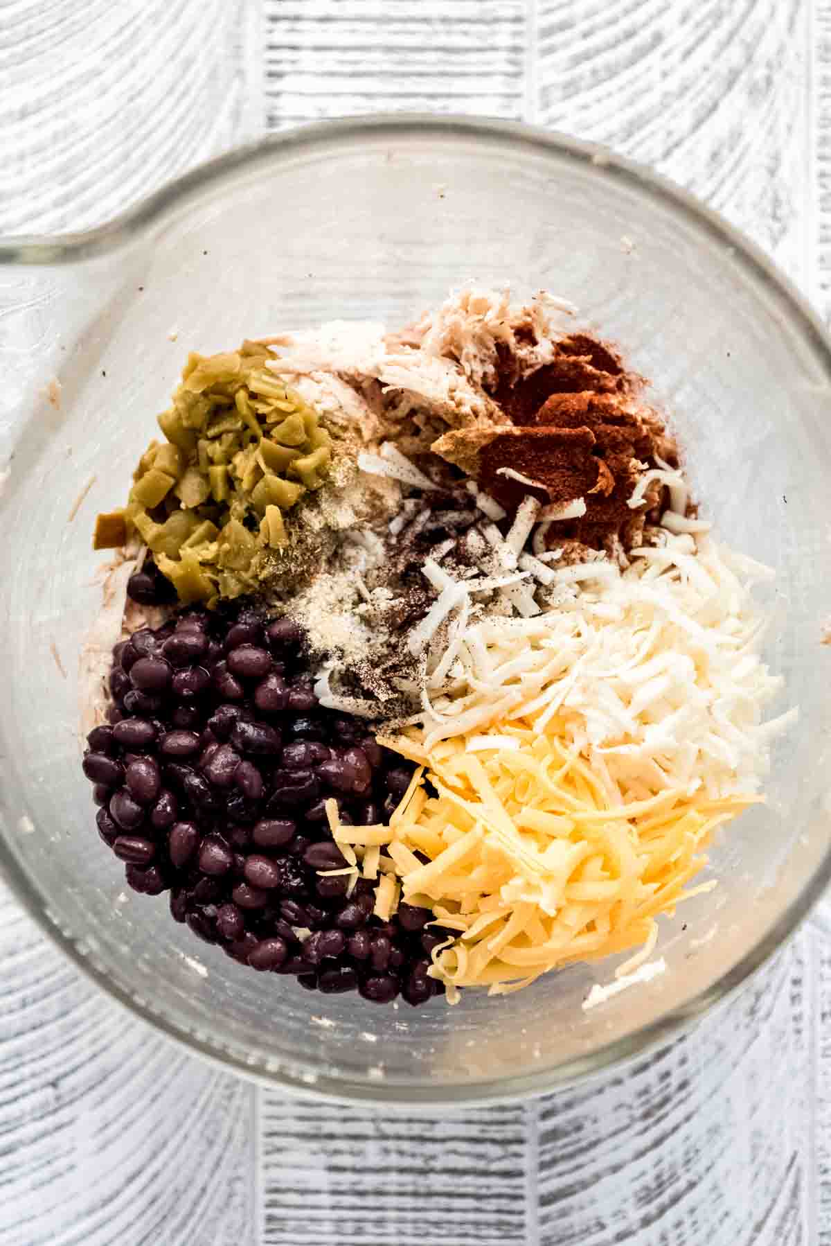 Chicken flauta filling ingredients in a bowl.