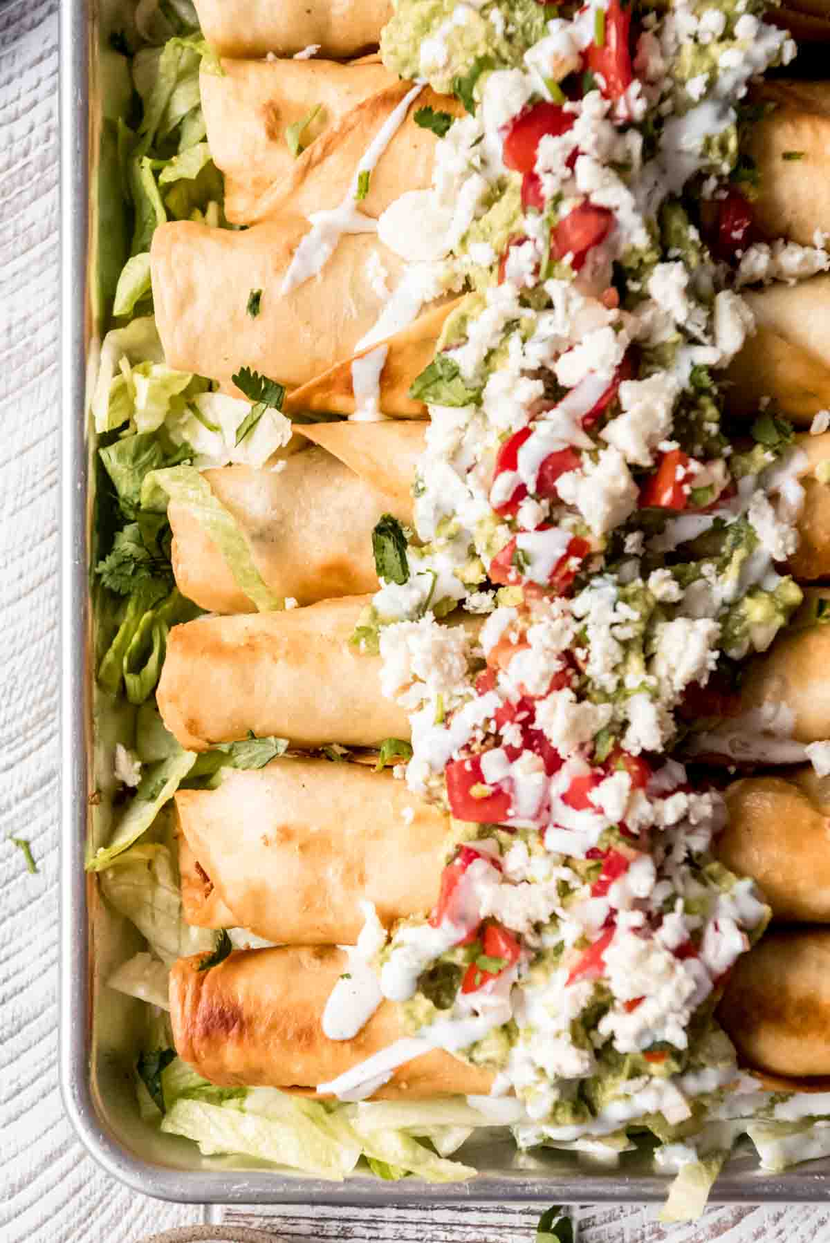 Cooked chicken flautas are lined up in a metal pan on a bed of shredded lettuce. 