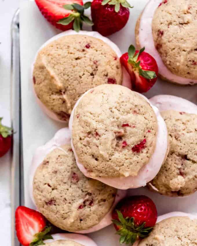 Stacked strawberry whoopie pies.