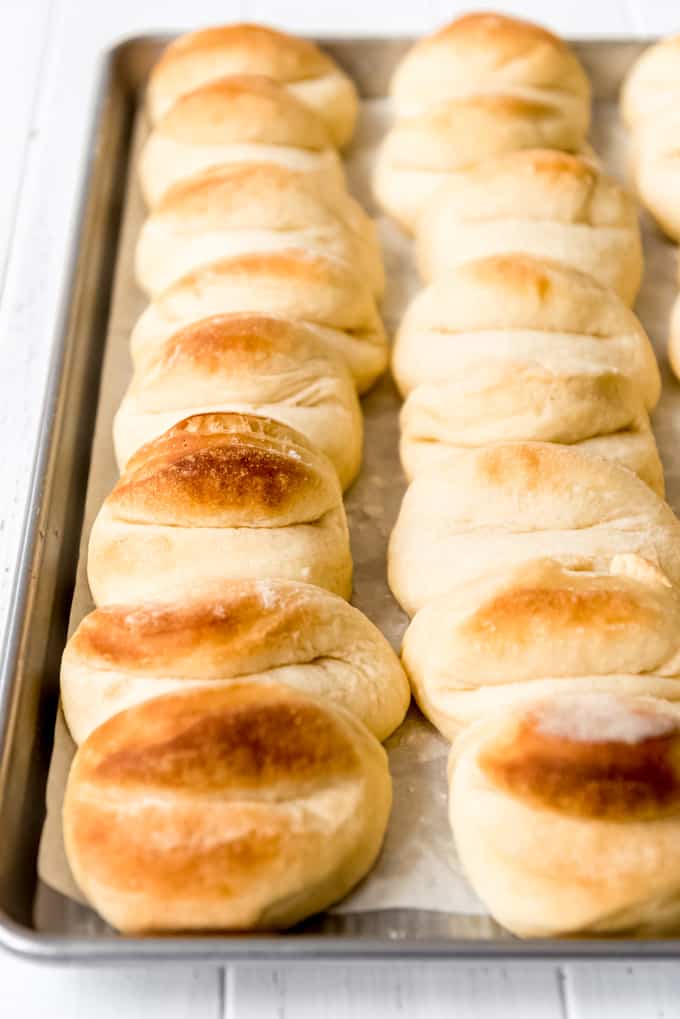 rows of parker house rolls on parchment paper and baking sheet.