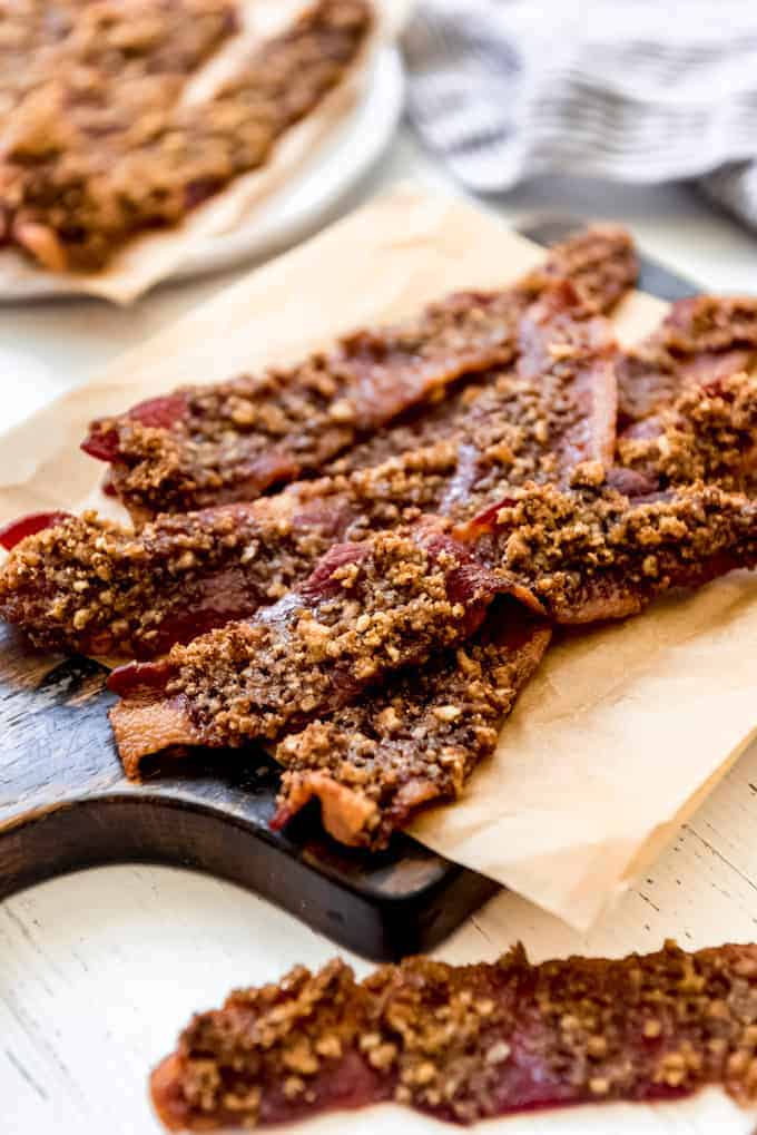 Candied bacon on cutting board