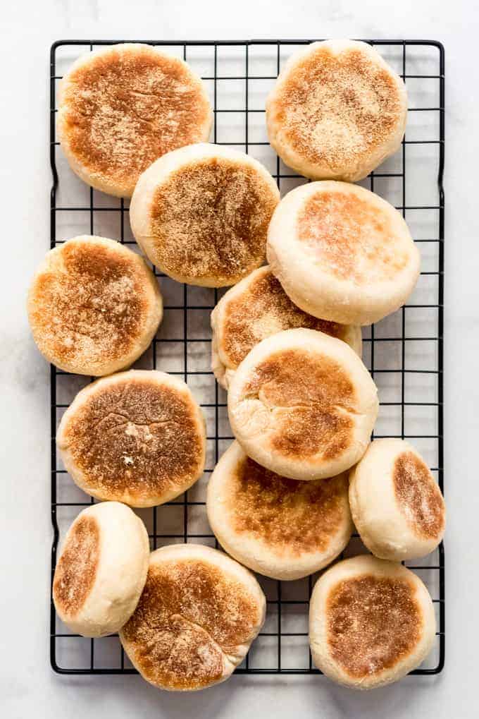 Baked Homemade English Muffins on Cooling Rack