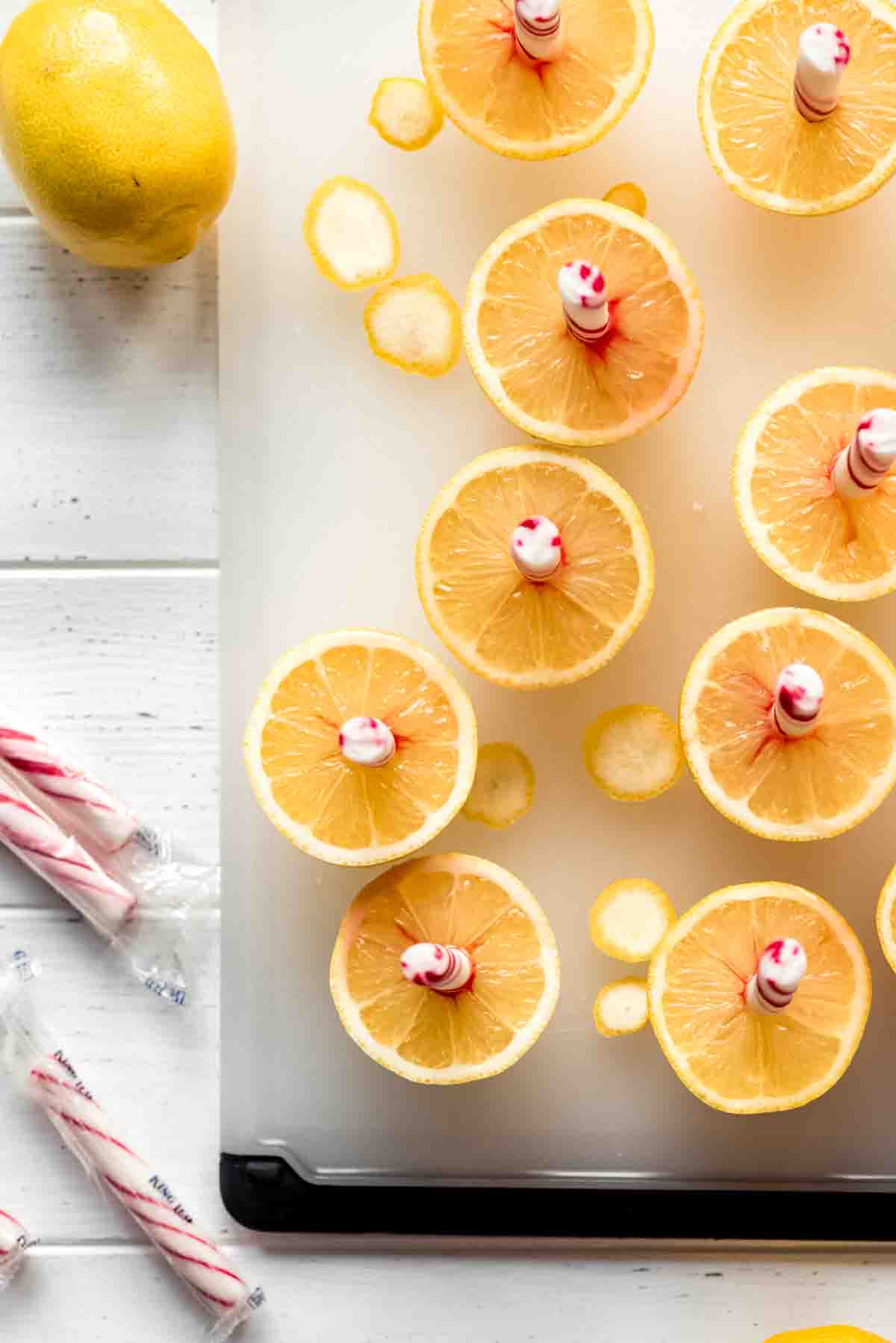 An overhead image of lemon sticks.