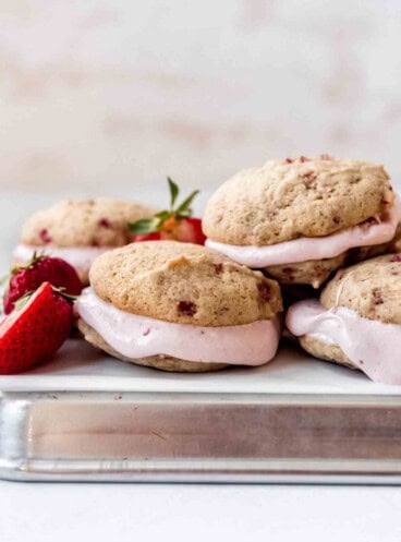 Strawberry whoopie pies with soft strawberry marshmallow filling.