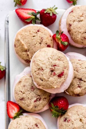 Stacked strawberry whoopie pies.