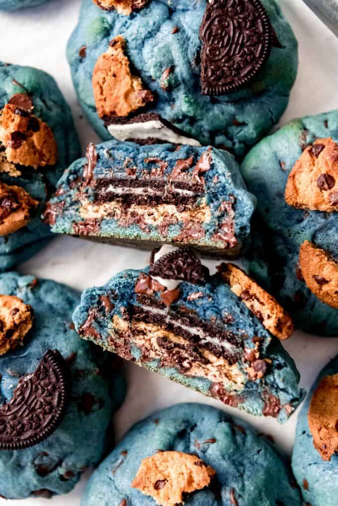 blue chocolate chip cookies with Oreo and Chips Ahoy cookies inside