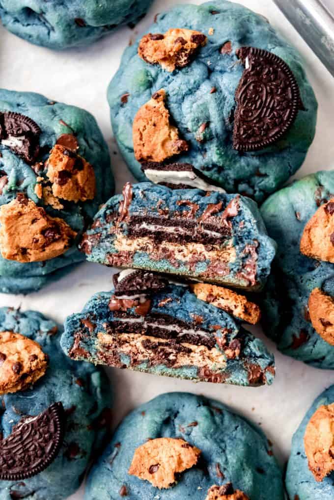 a cross section of Oreo and Chips Ahoy stuffed blue chocolate chip cookies