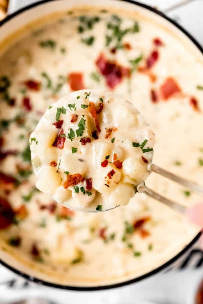 A spoonful of clam chowder with bits of crispy bacon and fresh parsley