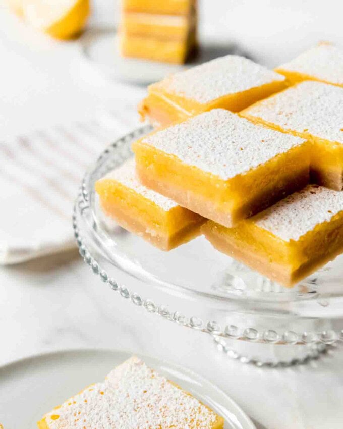 Lemon bars made with fresh lemon juice and egg yolks.