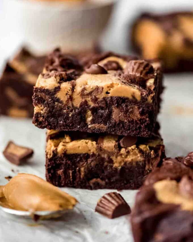 Two Peanut Butter Swirl Brownies stacked on top of each other.