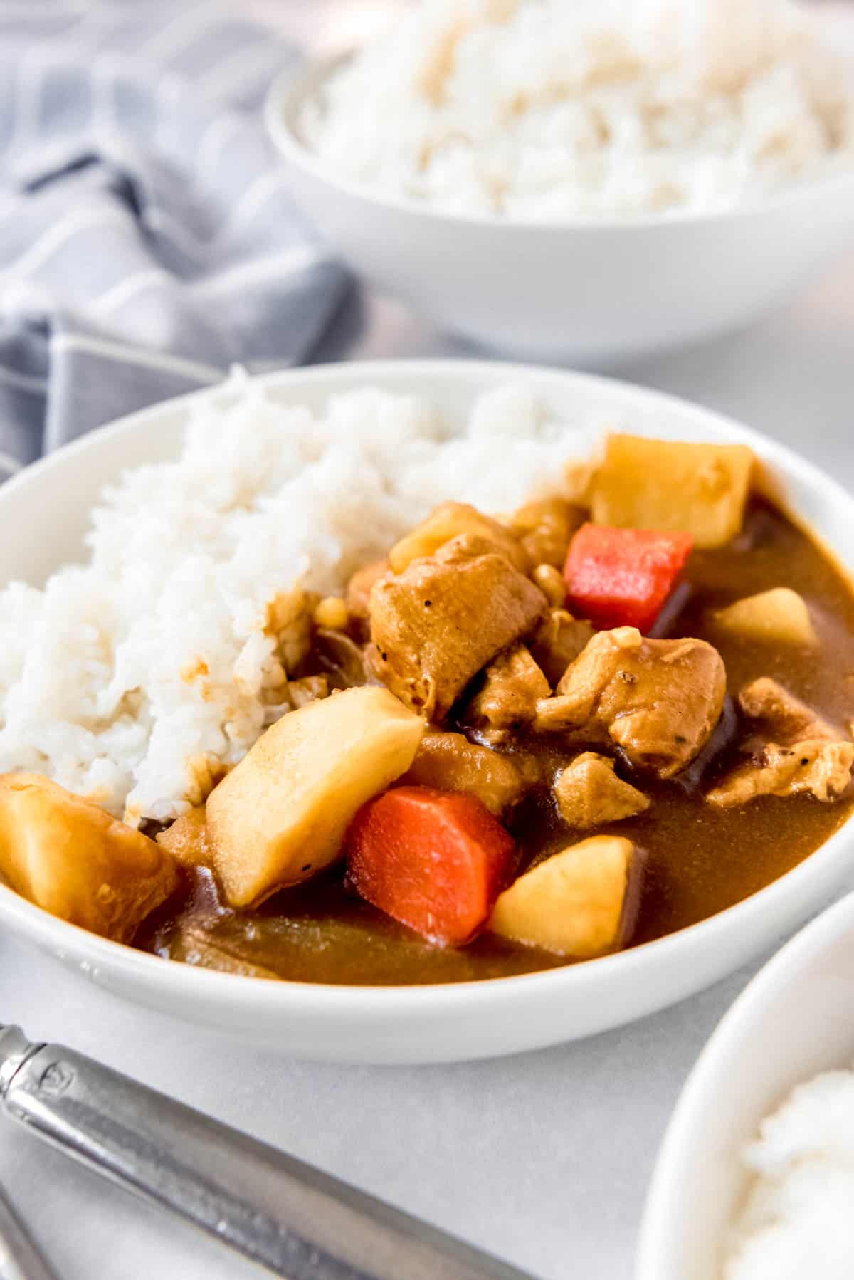 Close up of tender chicken cubes, sliced carrots and potato bites in a curry sauce, with white rice. 