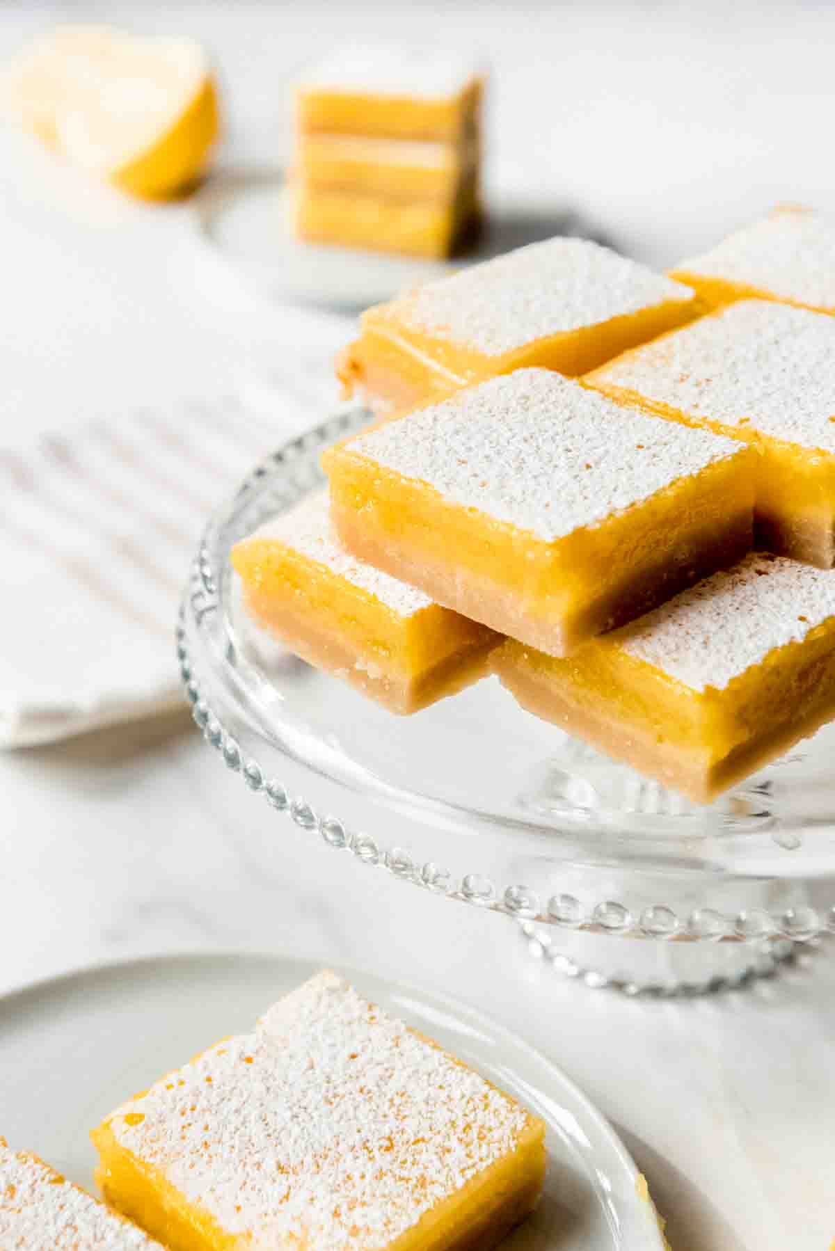 Lemon bars made with fresh lemon juice and egg yolks.