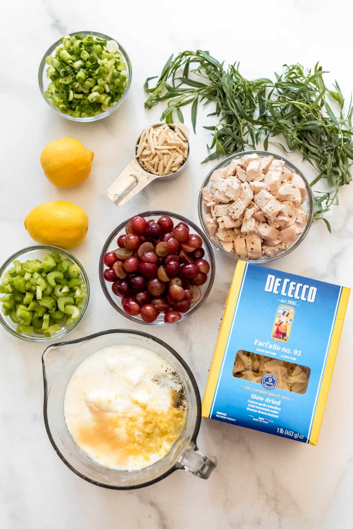 All ingredients laid out on marble counter.