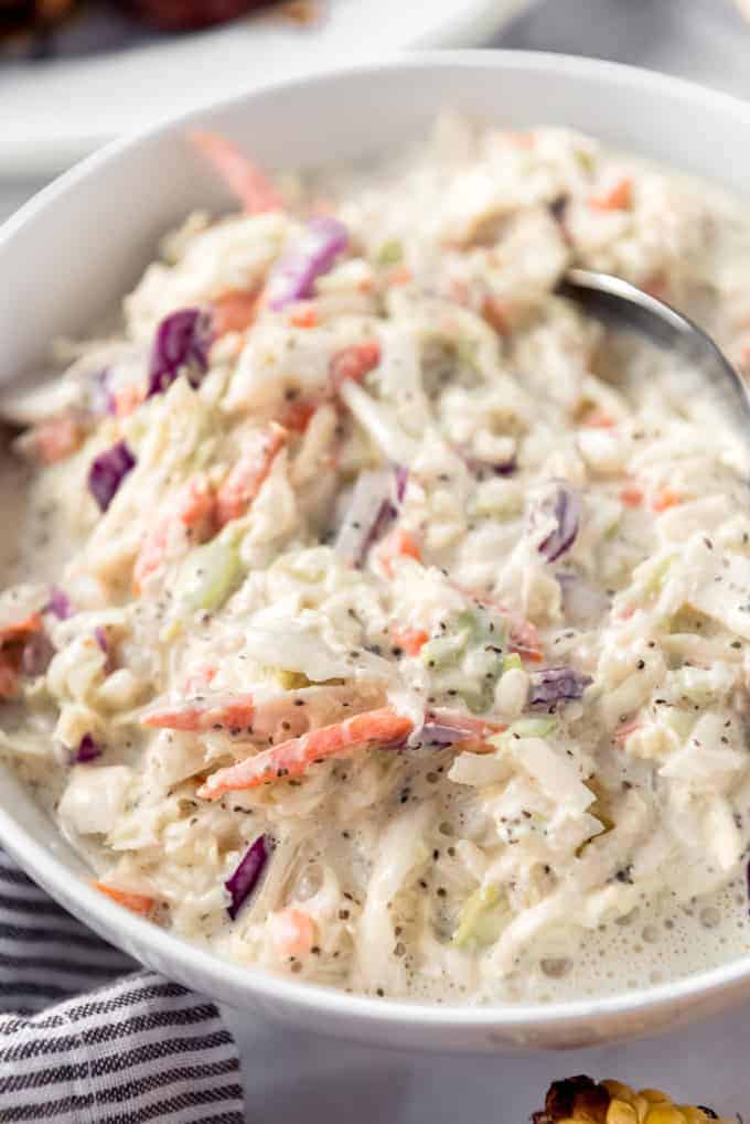 a close shot of coleslaw with celery seeds