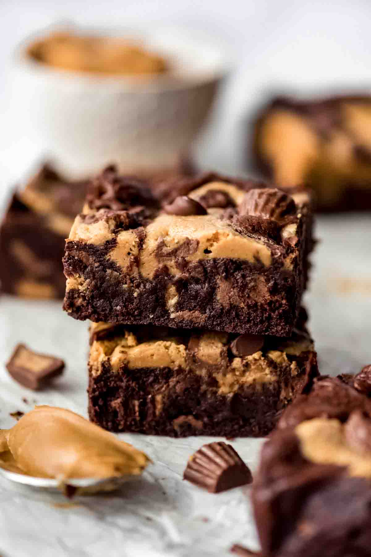 Two Peanut Butter Swirl Brownies stacked on top of each other.